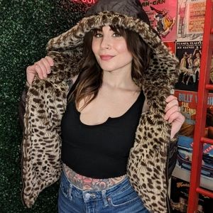 Reversible brown puffer bomber leopard cheetah print hooded jacket coat